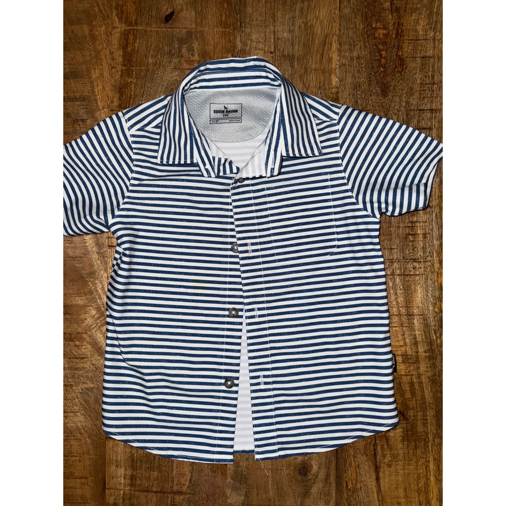 Eddie Bauer Kids 2T Navy Blue White Striped Short Sleeve Button Up Shirt